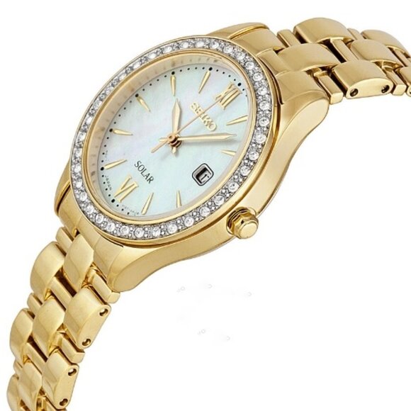 $599 Seiko Solar Mother of Pearl Dial Crystal Bezel Gold Stainless Steel Watch main image 5